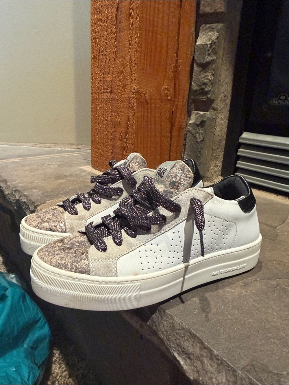 P448 White and Black Platform Sneakers with Speckled Gray Accents